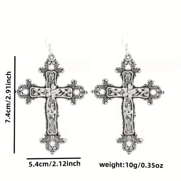 Earrings Cross Gypsy Gothic Emo Rave Silver Flower Large Stylish Scene Celtic - Picture 4 of 4